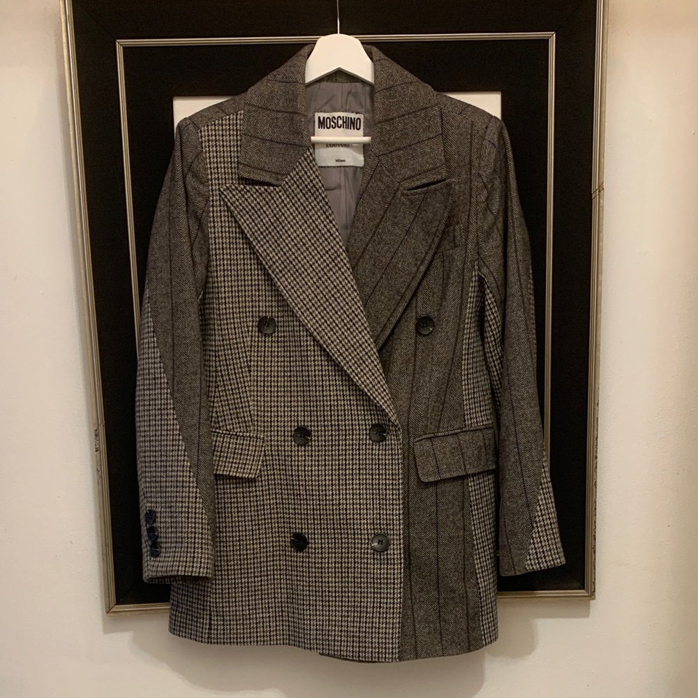Moschino Gray Patterned Wool Blend Double-Breasted Pea Coat